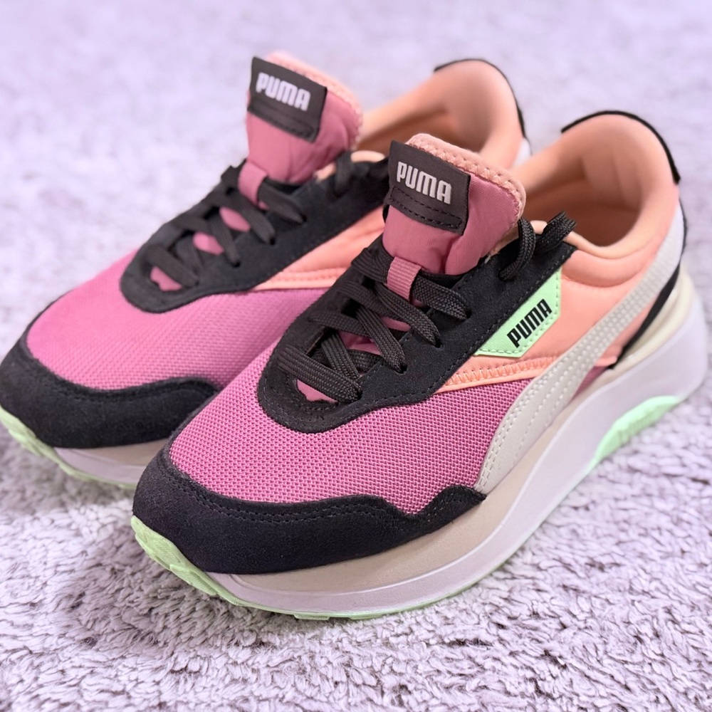 Puma Women's Pink and Black Sneakers with Mint Accents